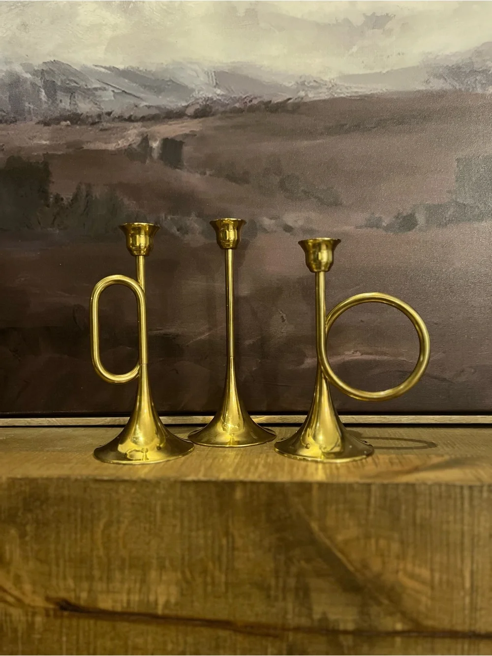 Vintage Silvestri Brass Bugle Horn Candlestick Holders Set of 3